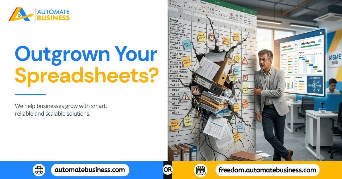 Automate Business graphic comparing chaotic Excel spreadsheet task management with an organized digital automation dashboard for MSMEs.