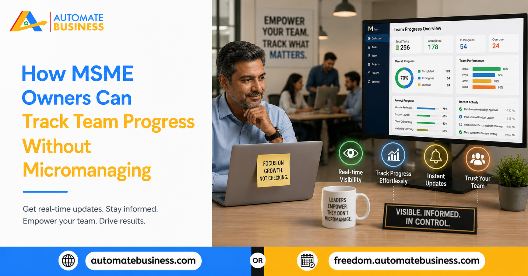 MSME owner tracking team progress on a dashboard with real-time visibility, progress updates, and team performance insights without micromanaging.