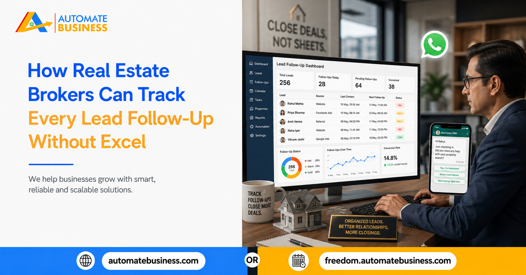 Real estate broker using a lead follow-up dashboard and WhatsApp to track every property lead, with the headline “How Real Estate Brokers Can Track Every Lead Follow-Up Without Excel.