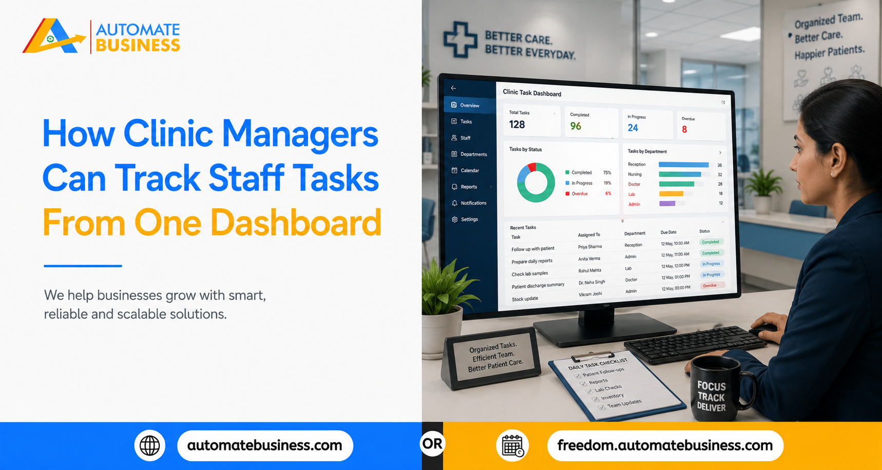 Automate Business banner showing how clinic managers can track staff tasks from one dashboard, featuring a clinic task management dashboard with task status, department assignments, completed and overdue tasks, and staff productivity tracking.