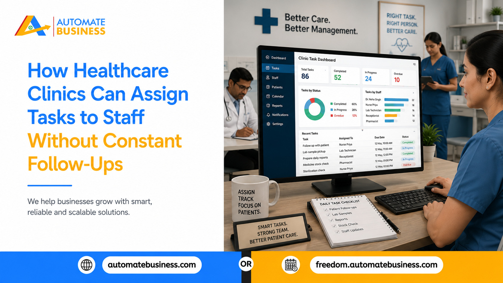 Automate Business banner showing how healthcare clinics can assign tasks to staff without constant follow-ups, featuring a clinic task dashboard with staff assignments, task status, deadlines, and productivity tracking.