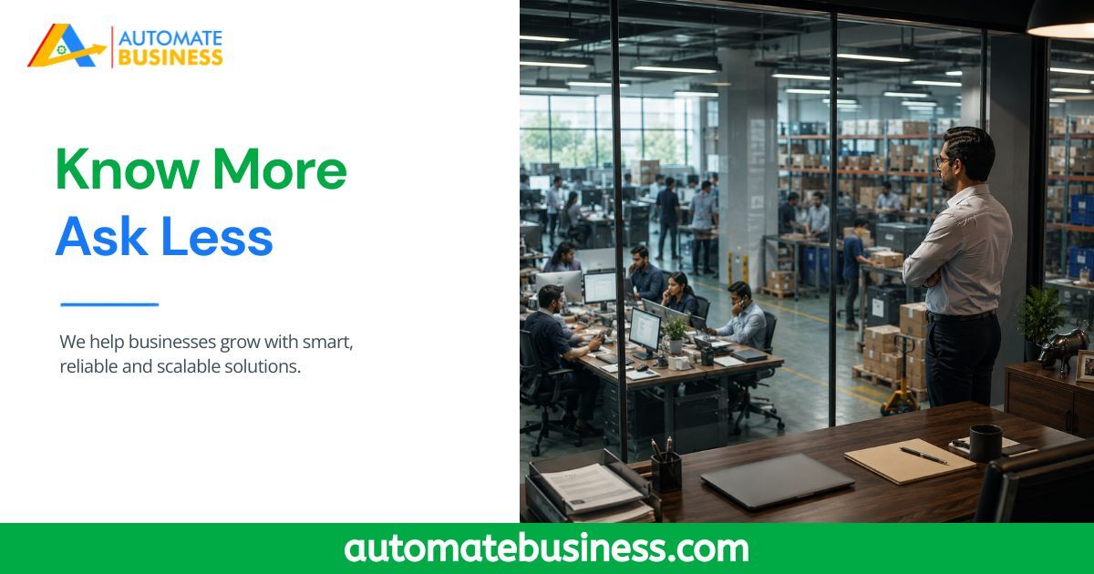 Know More, Ask Less graphic promoting Automate CRM for real-time sales tracking and team visibility.