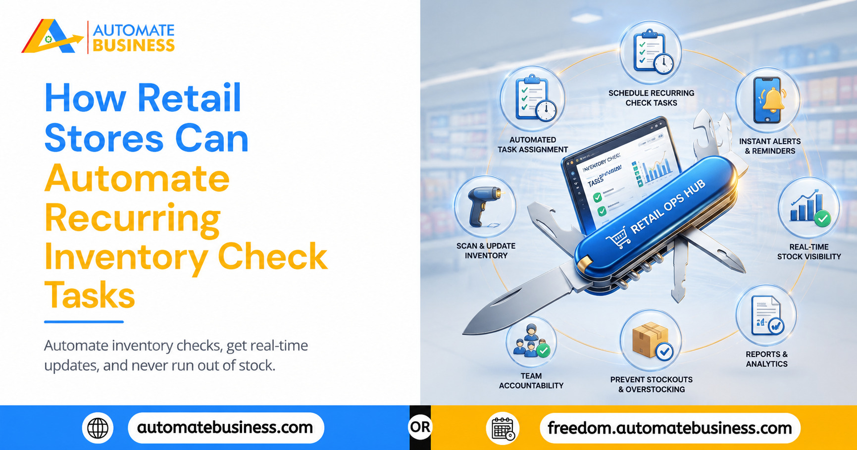 Automate Business graphic showing how retail stores can automate recurring inventory check tasks, featuring automated task assignment, scheduled checks, instant alerts, real-time stock visibility, inventory scanning, team accountability, stockout prevention, and reports & analytics.