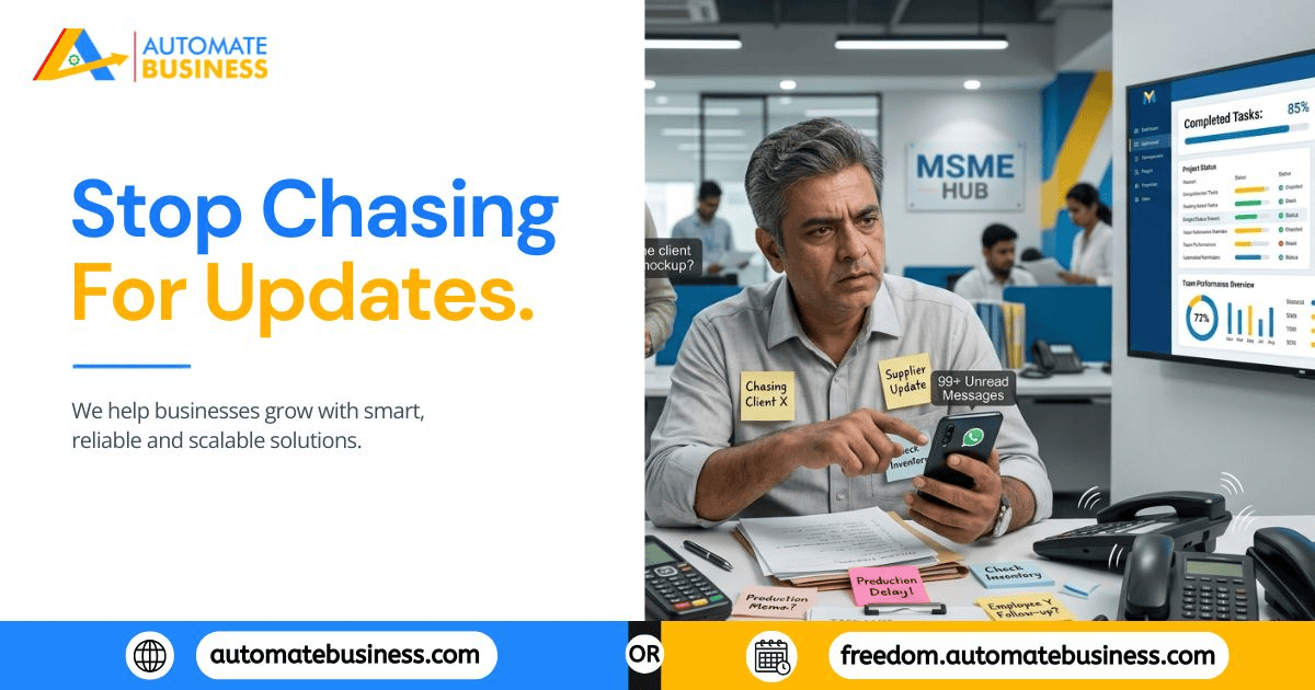 Business owner tracking team updates with task management software instead of manual follow-ups.