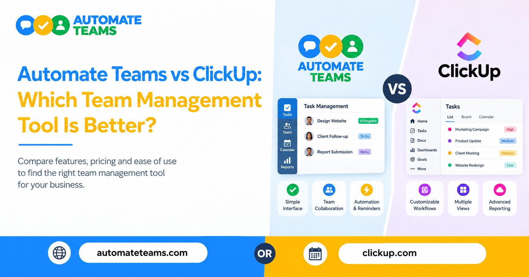 Automate Teams vs Click Up comparison banner highlighting team management features, task tracking, collaboration, automation, and reporting.