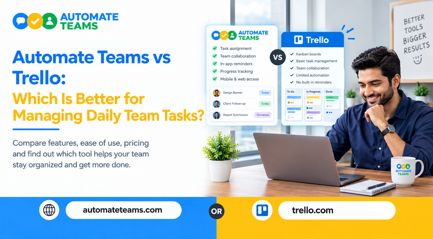 Automate Teams vs Trello comparison banner highlighting daily team task management, task tracking, team accountability, and fewer follow-ups.