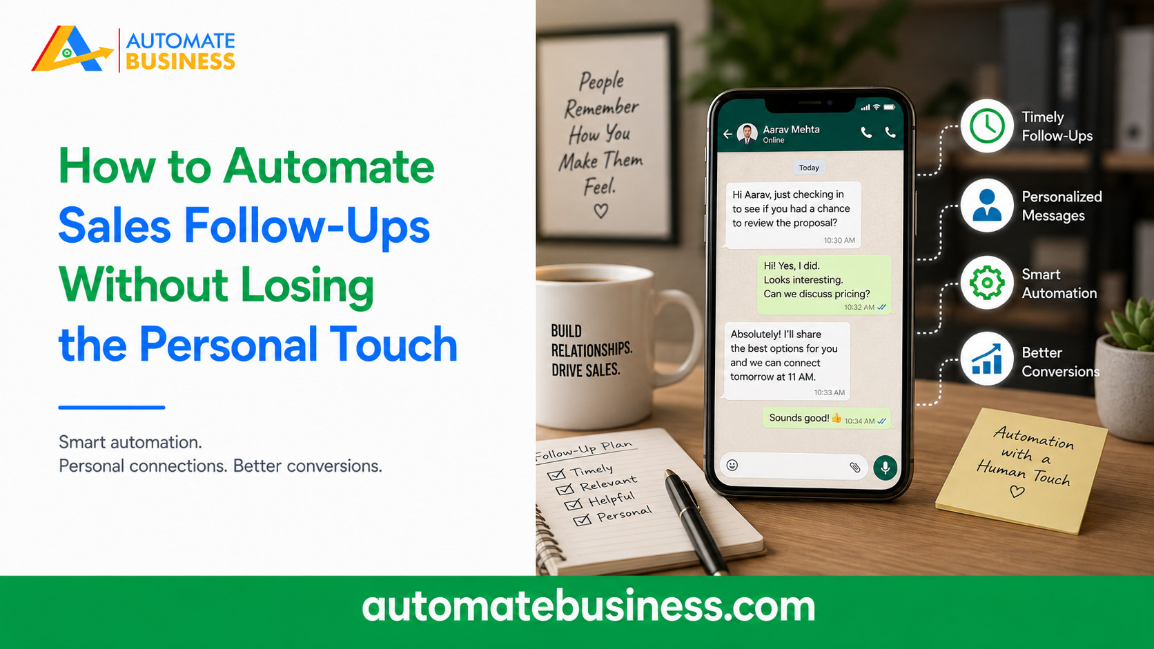 Automate Business banner showing how to automate sales follow-ups while maintaining a personal touch, featuring a WhatsApp conversation, timely follow-ups, personalized messages, smart automation, and better conversions.
