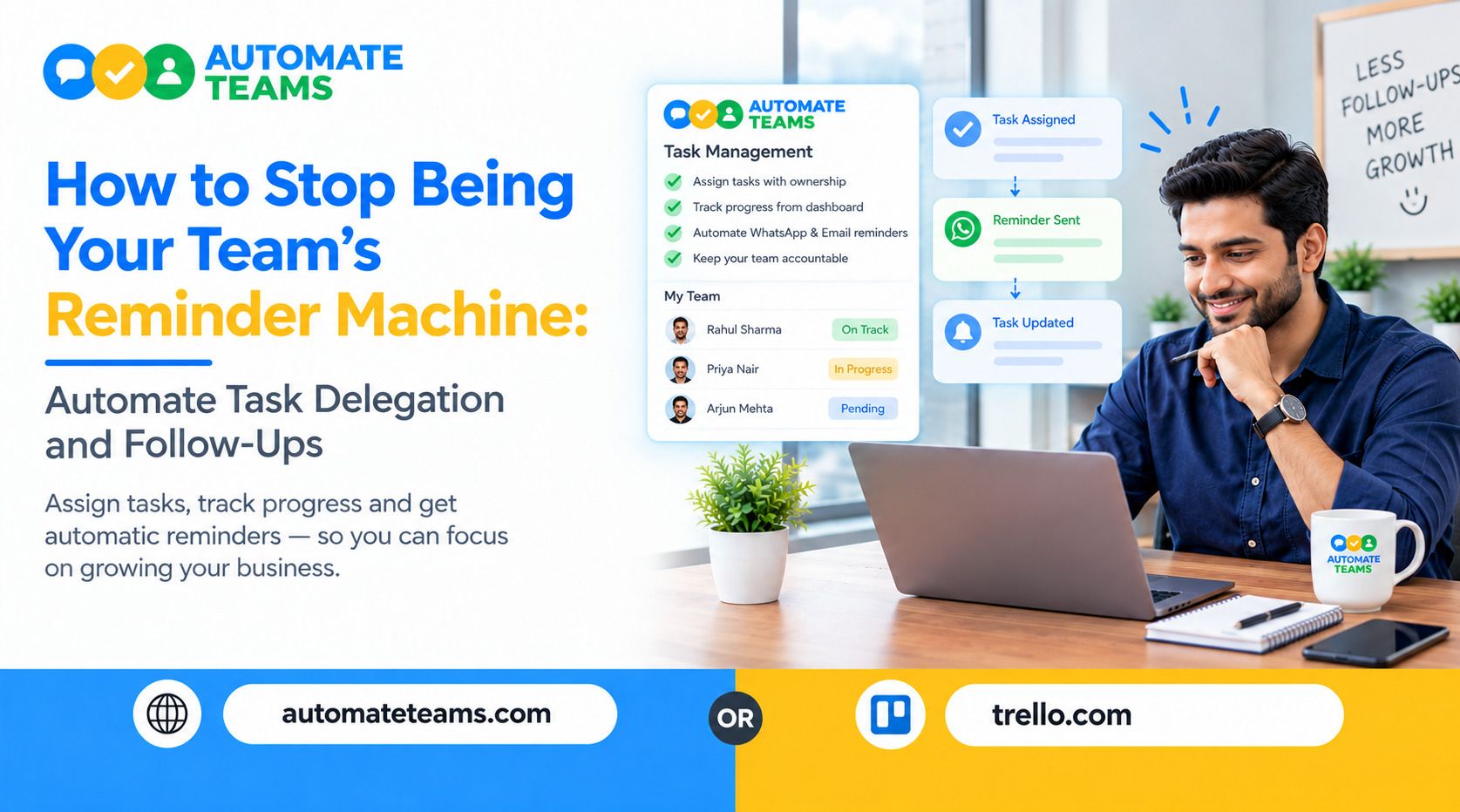 Automate Teams banner showing how automated task delegation and follow-up reminders help business owners manage team tasks without constant manual reminders.