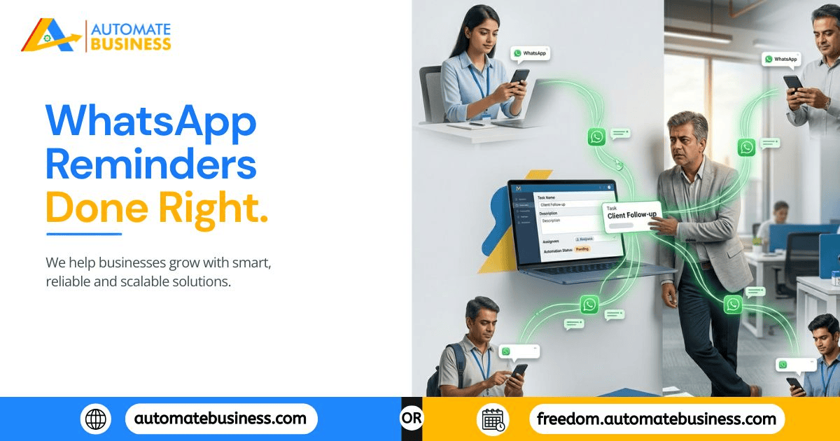 Illustration of a business owner and employees receiving automated WhatsApp task reminders from a task management dashboard.