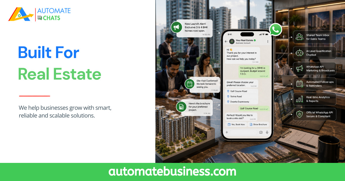 Real estate business using Automate Chats WhatsApp API to automate property enquiries, AI chatbot conversations, lead assignment, WhatsApp marketing, and site visit bookings.