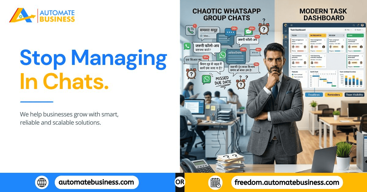 Business owner standing between cluttered WhatsApp group chats and an organized digital task management dashboard that tracks tasks and deadlines.