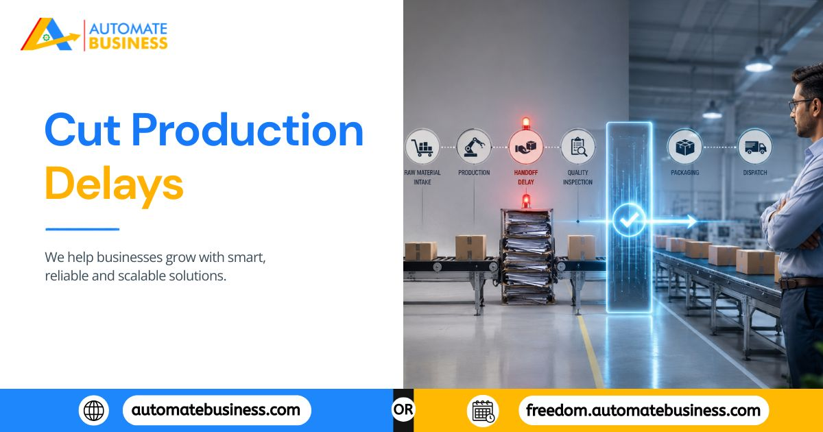 Automate Business graphic showing a task management solution that helps reduce production delays and streamline manufacturing workflows.