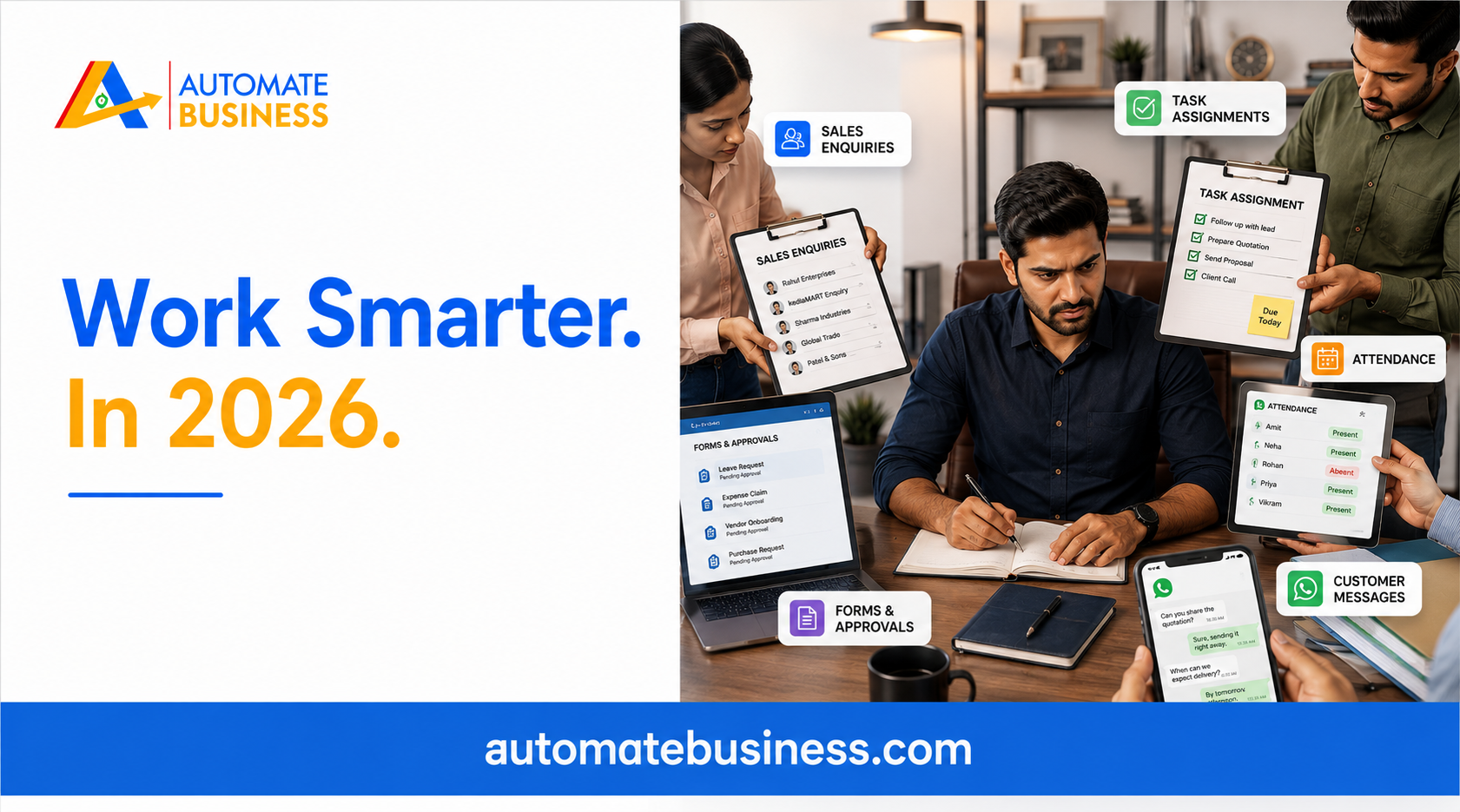 Automate Business 2026 business automation graphic showing sales enquiries, task assignments, attendance, forms and approvals, and customer WhatsApp messages.