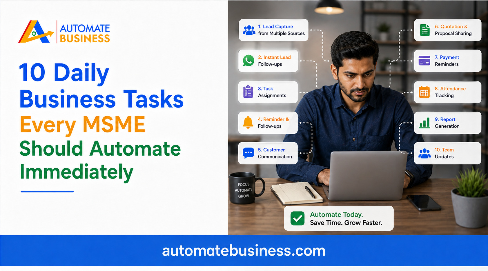 Automate Business graphic highlighting 10 daily MSME tasks to automate, including lead capture, WhatsApp follow-ups, task assignments, reminders, customer communication, quotations, payment reminders, attendance, reports, and team updates.