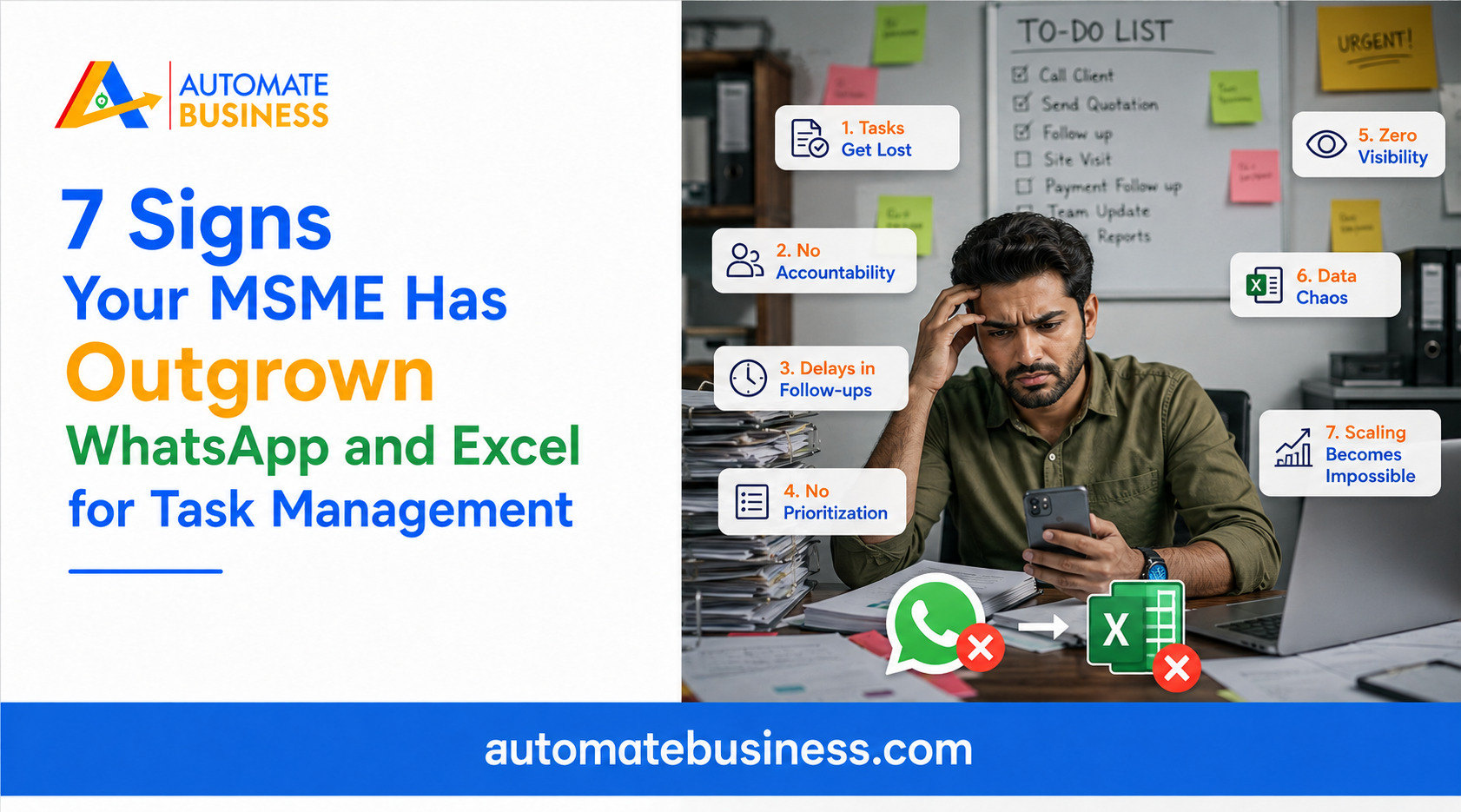 Automate Business graphic highlighting 7 signs an MSME has outgrown WhatsApp and Excel for task management, including lost tasks, low accountability, follow-up delays, poor prioritization, limited visibility, data chaos, and scaling challenges.