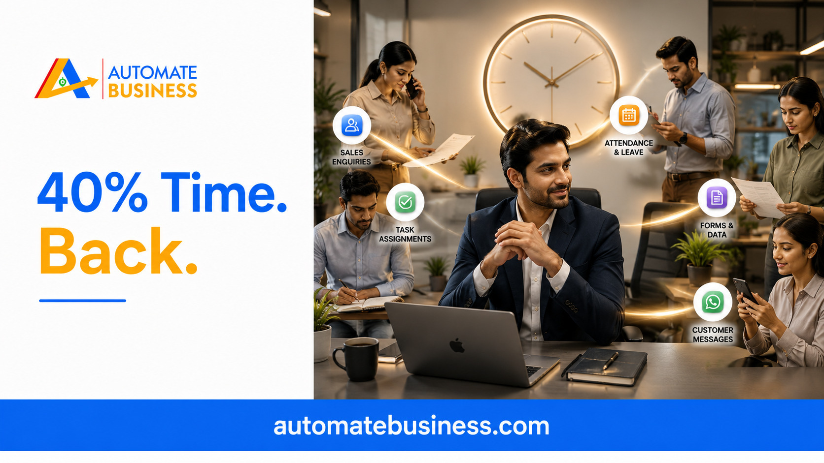 Automate Business graphic showing how MSMEs can save 40% operational time through automation of sales enquiries, task assignments, attendance and leave, forms and data, and customer messages.